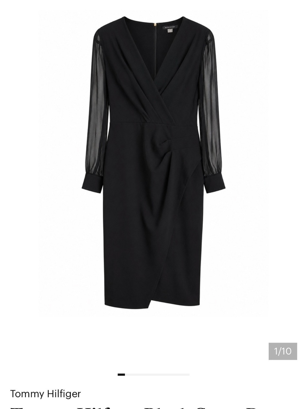 Tommy Hilfiger Black Crepe Dress Size 12 Sheer Sleeve Midi